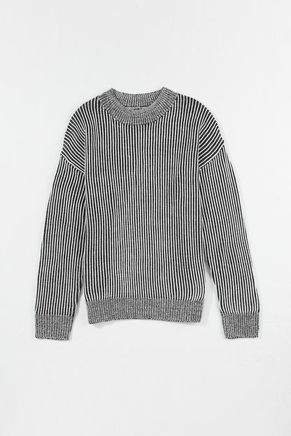 Striped Mock Neck Dropped Shoulder Sweater 