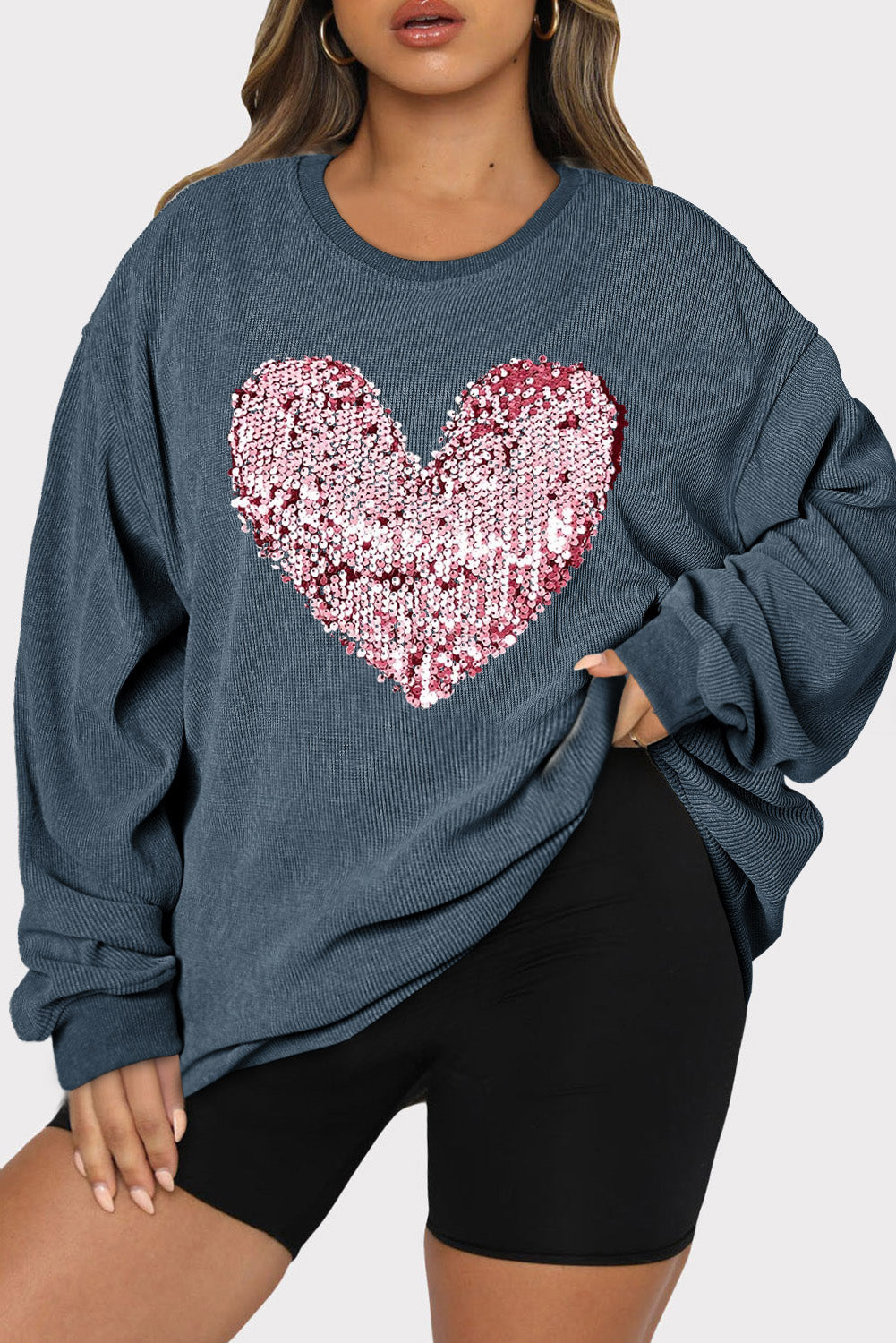 Plus Size Heart Sequin Round Neck Sweatshirt - Babbazon sweatshirt