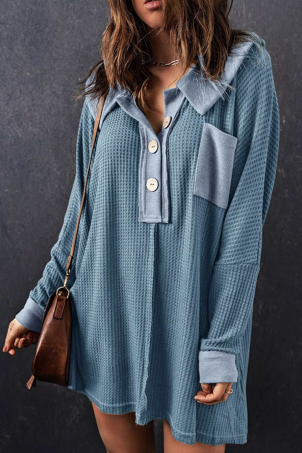 Waffle Knit Buttoned Long Sleeve Top with Breast Pocket - Babbazon Tops