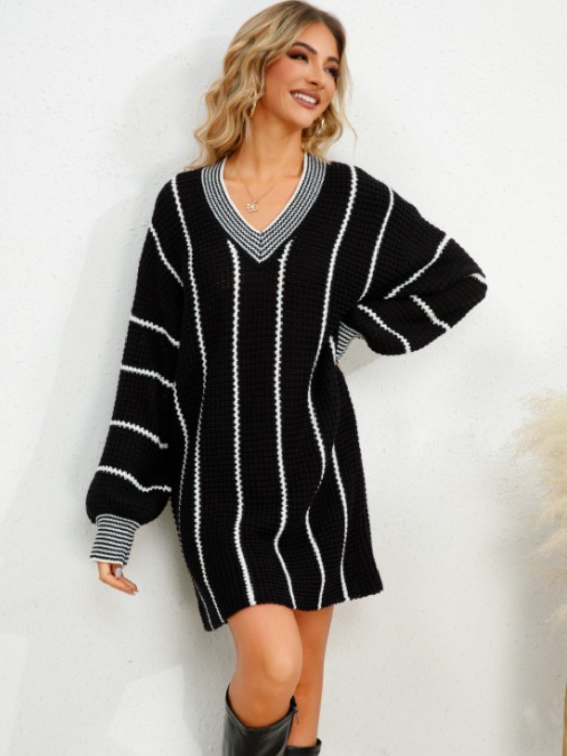 Striped V-Neck Long Sleeve Mini Dress 