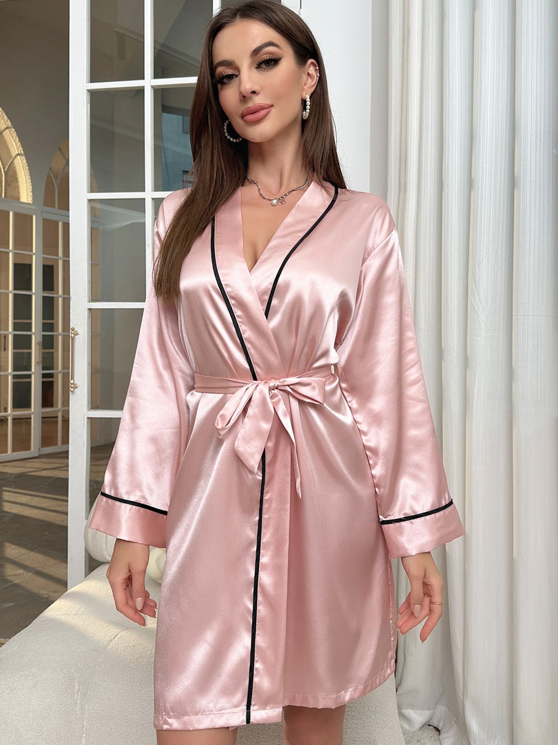 Tie Waist Surplice Neck Robe 