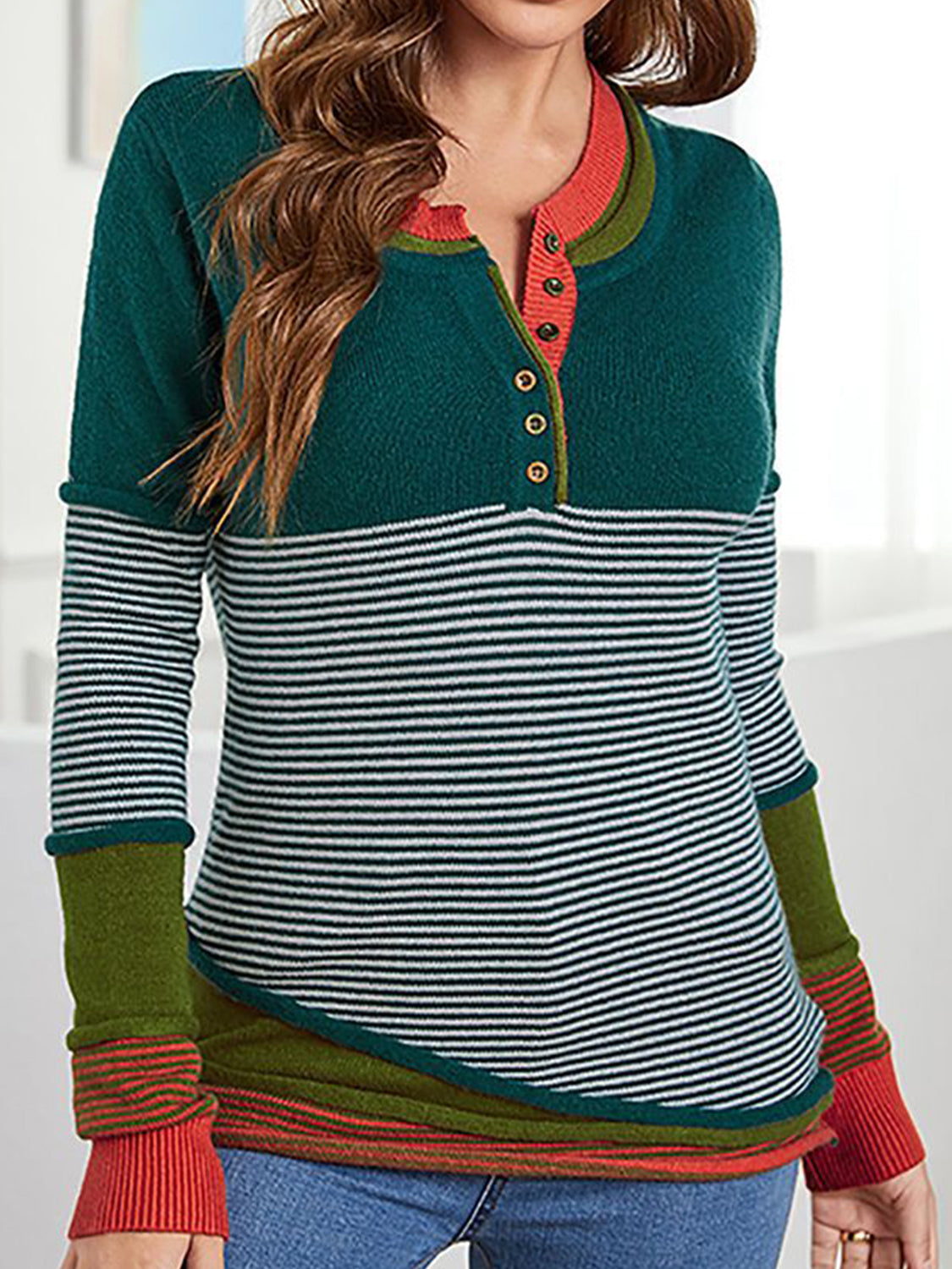 Striped Contrast Notched Long Sleeve Sweater 