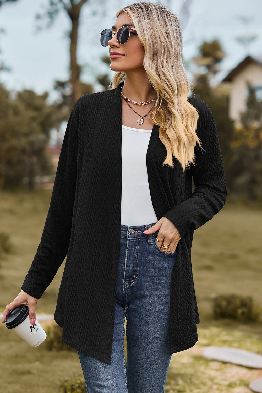 Textured Open Front Long Sleeve Cardigan 