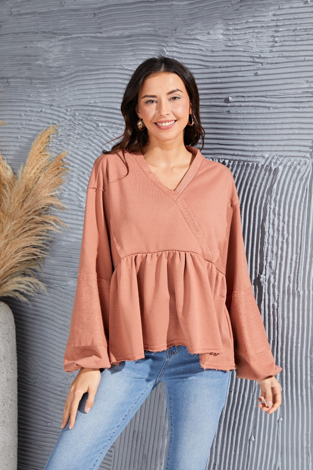 V-Neck Exposed Seams Balloon Sleeve Top 