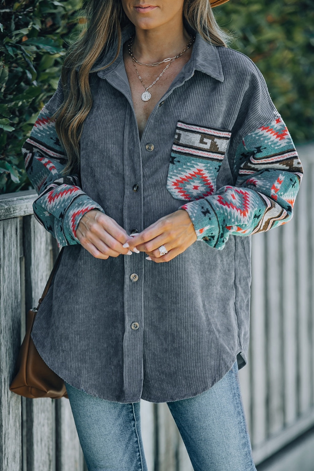 Geometric Button Up Dropped Shoulder Jacket 