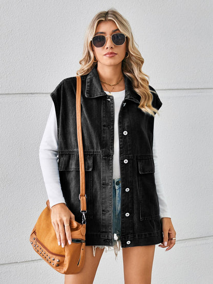 Pocketed Button Up Sleeveless Denim Jacket 