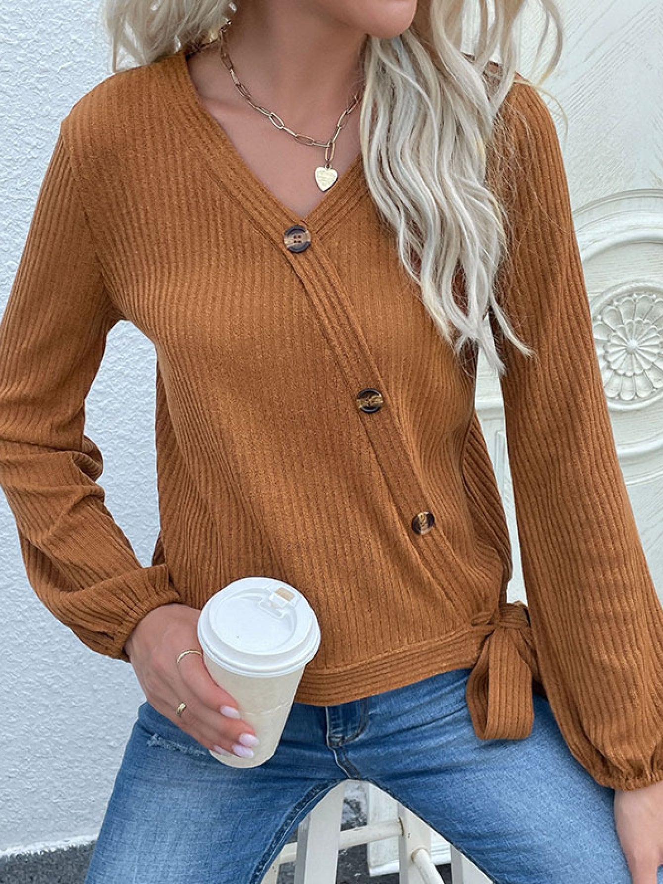 Rib-Knit Asymmetrical Button Blouse 