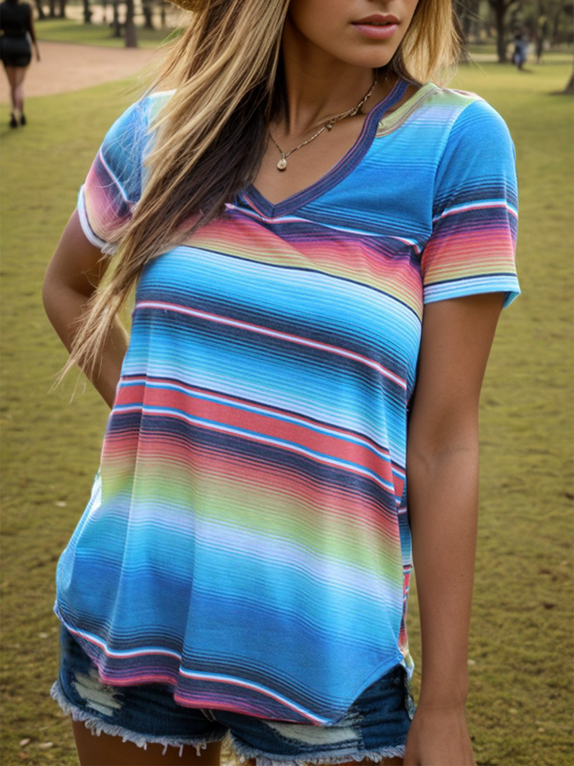 Striped V-Neck Short Sleeve T-Shirt 