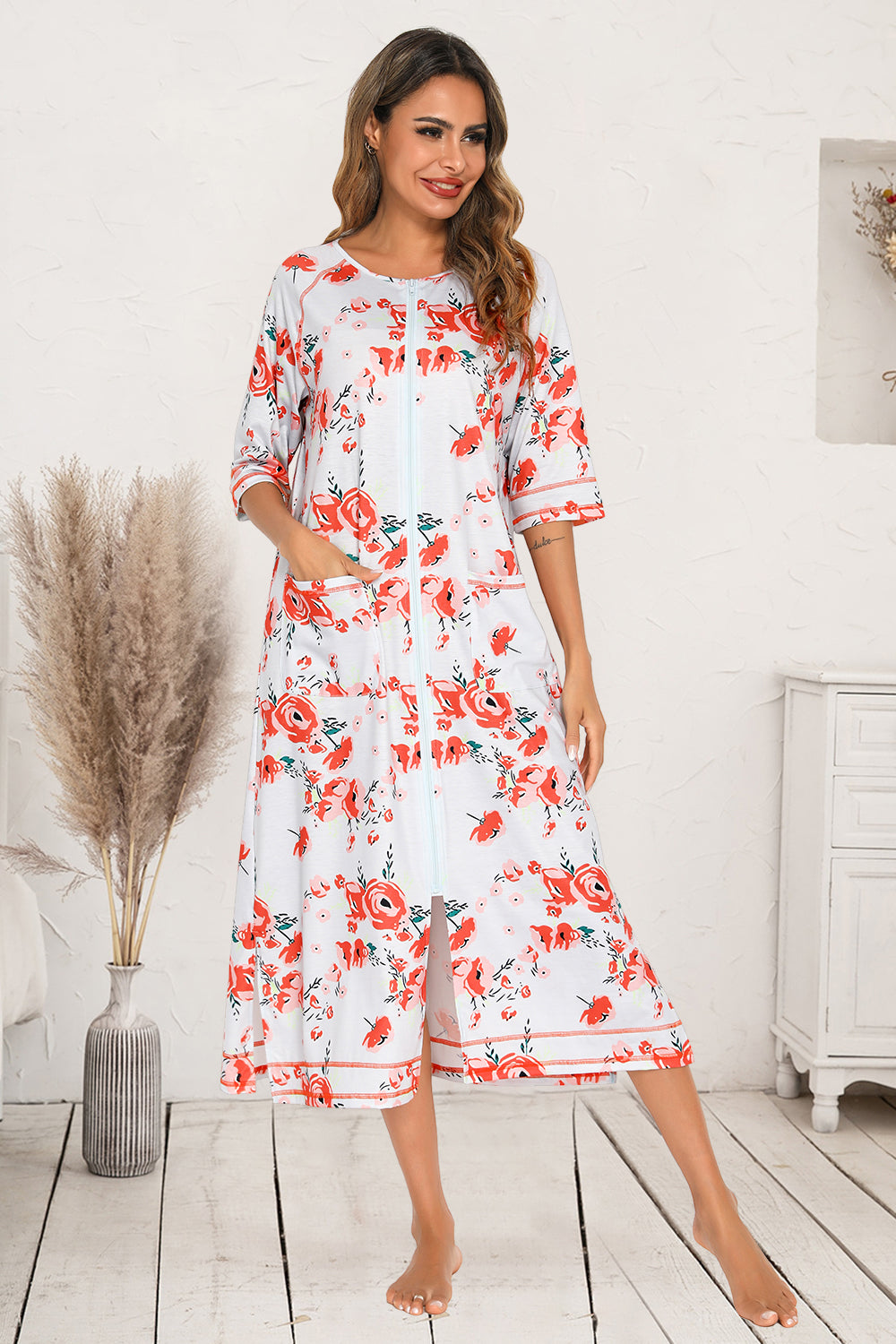 Printed Slit Night Dress with Pockets 