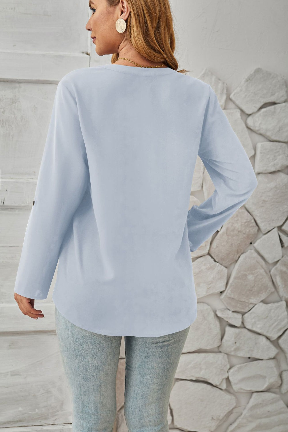 Decorative Button Notched Long Sleeve Blouse 