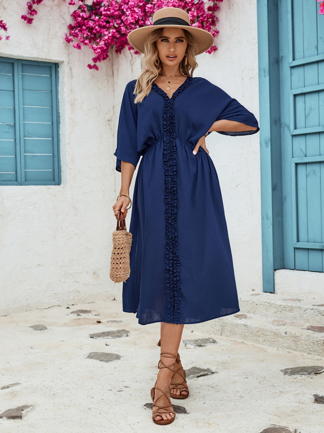 Frill Slit V-Neck Three-Quarter Sleeve Dress 