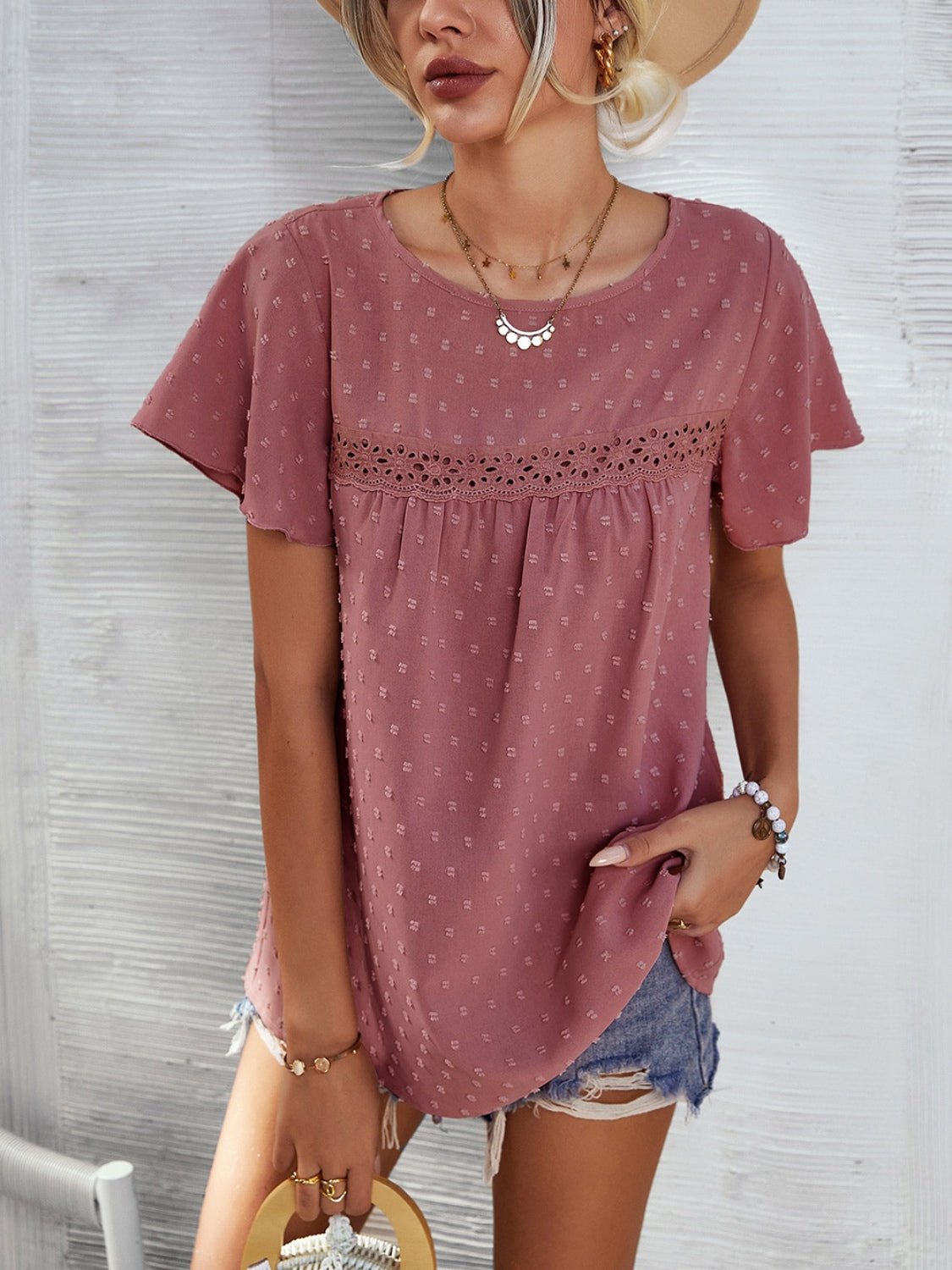 Lace Detail Round Neck Short Sleeve Blouse 