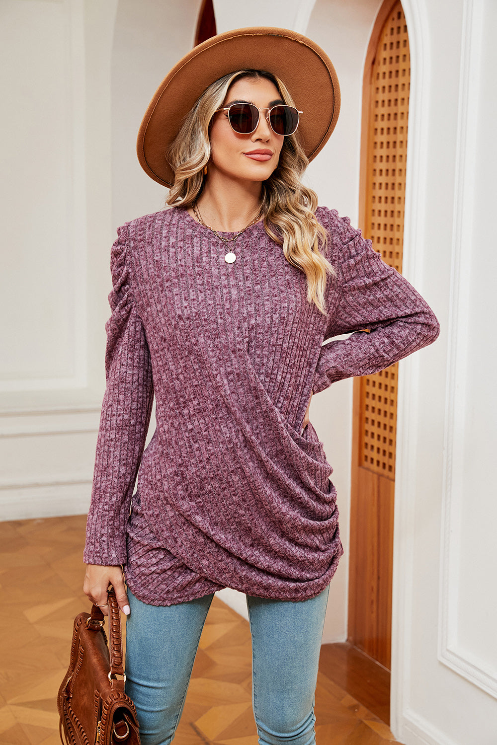 Long Sleeve Ribbed Twisted Top 