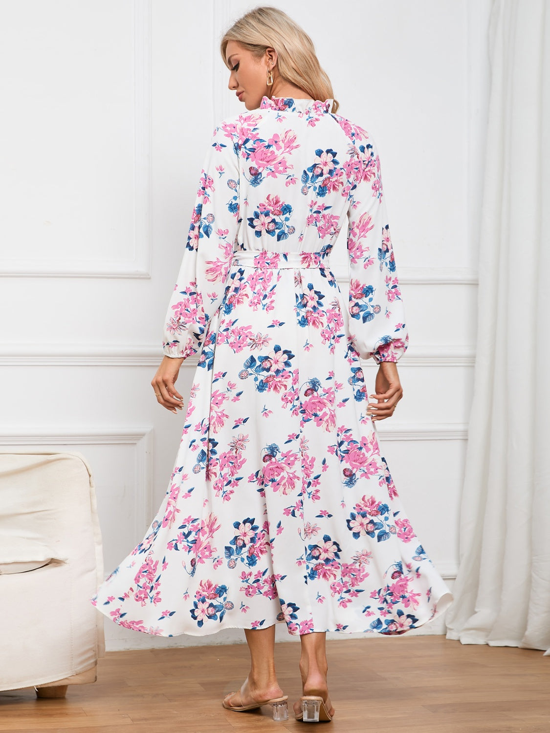 Floral Tie Front Balloon Sleeve Dress 