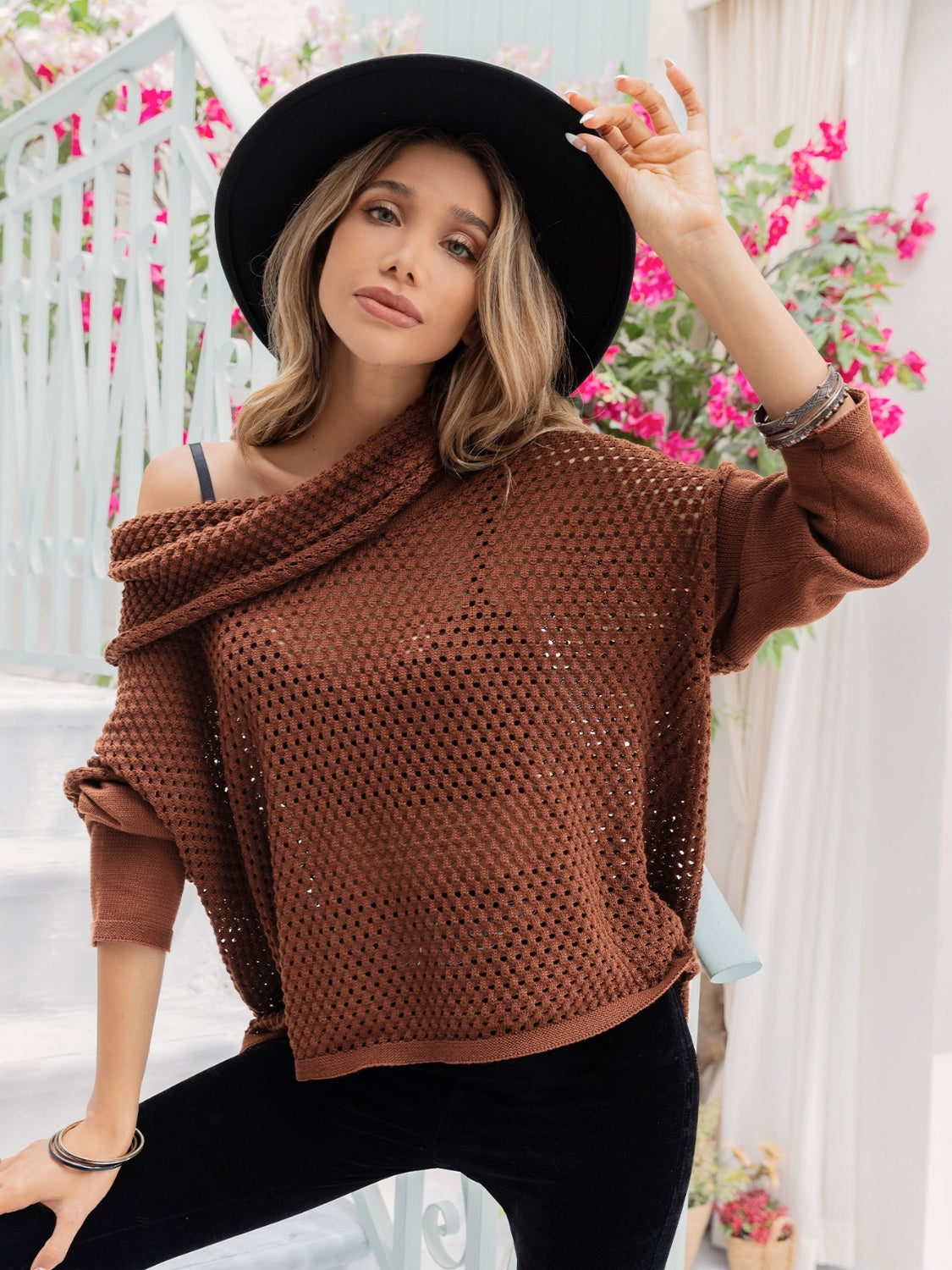 Openwork Mock Neck Dropped Shoulder Sweater 