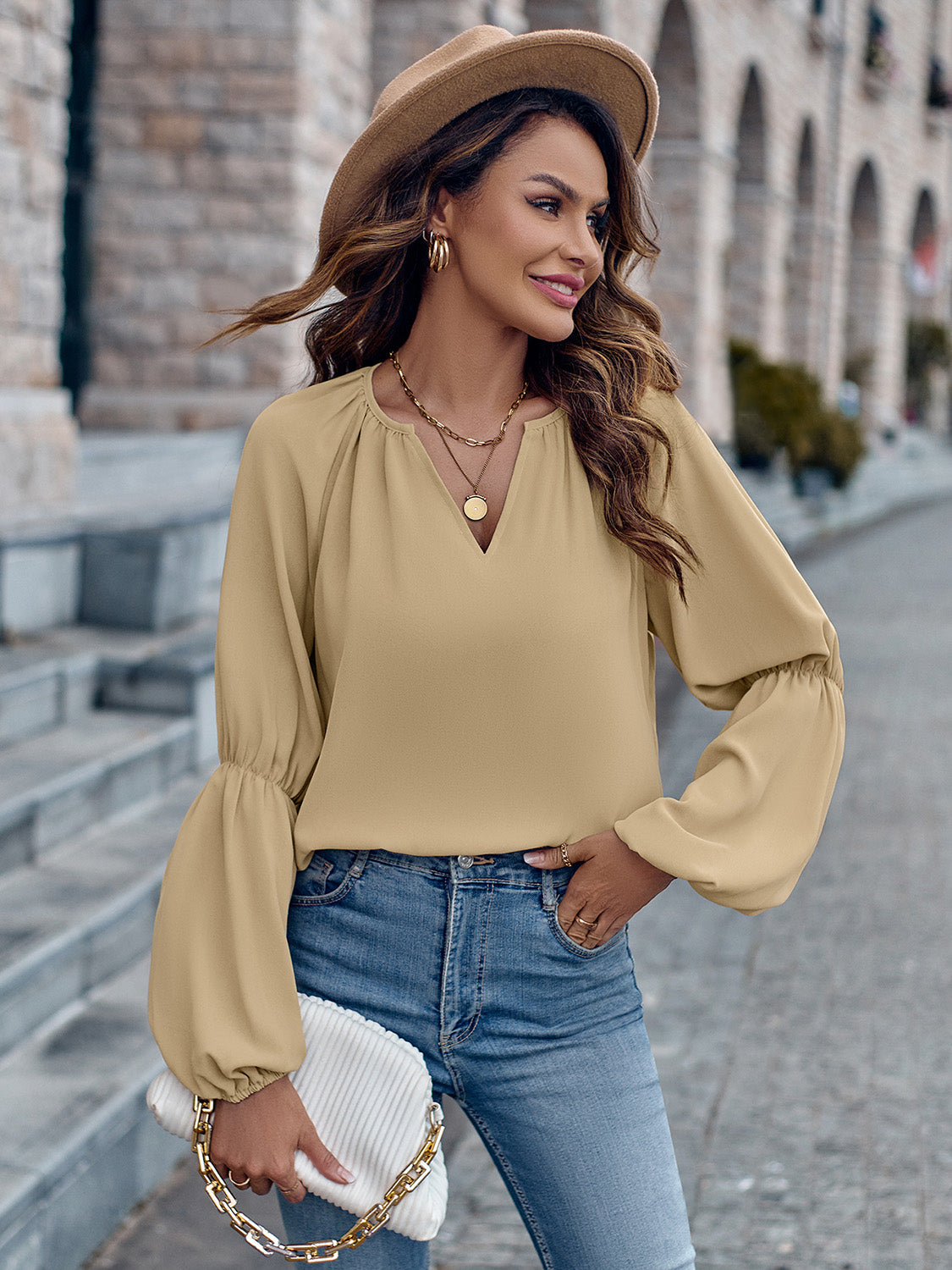 Notched Neck Long Sleeve Top 