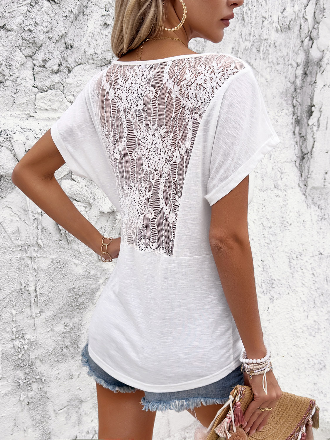 Ruched Plunge Short Sleeve Lace Blouse 