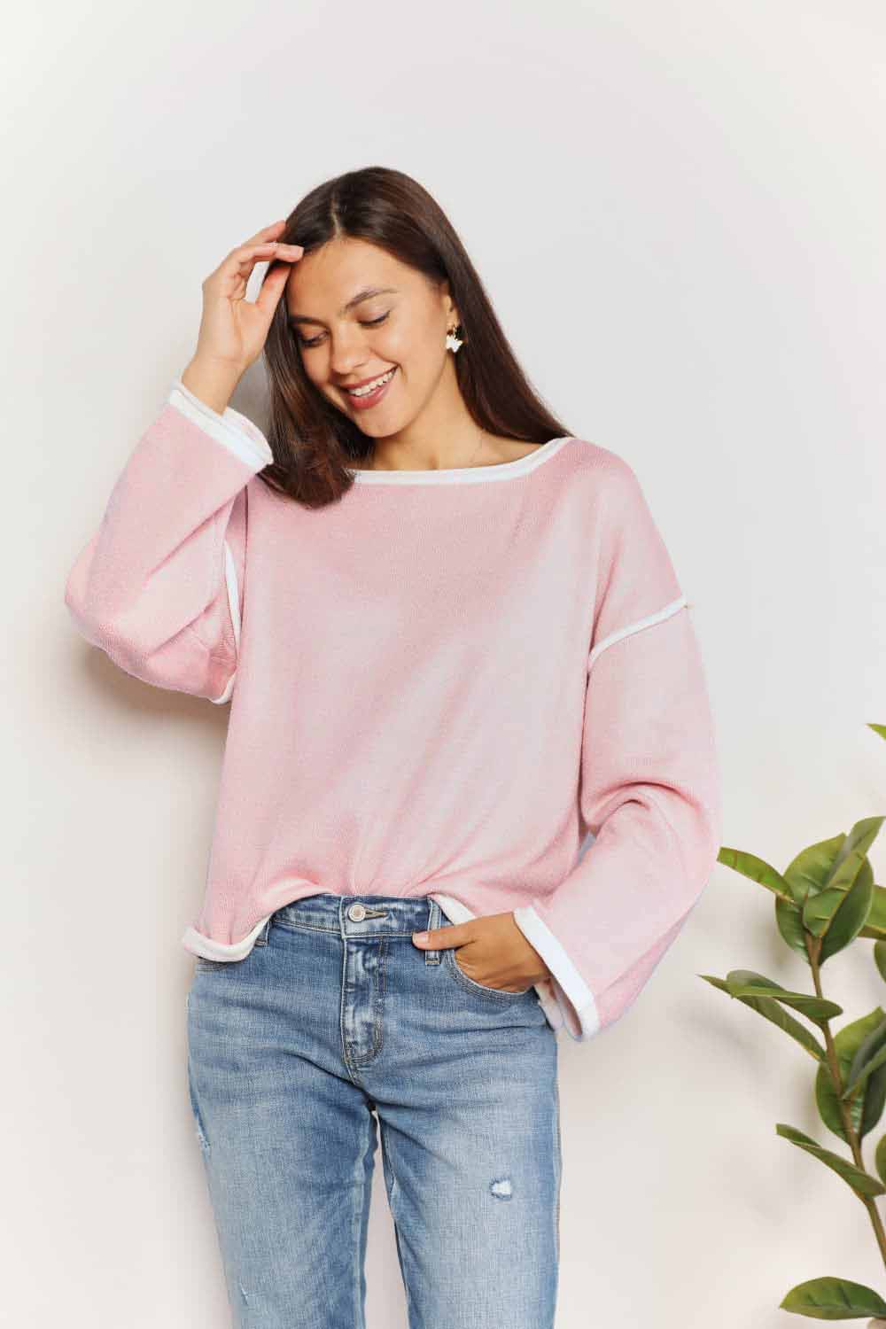 Double Take Contrast Detail Dropped Shoulder Knit Top 