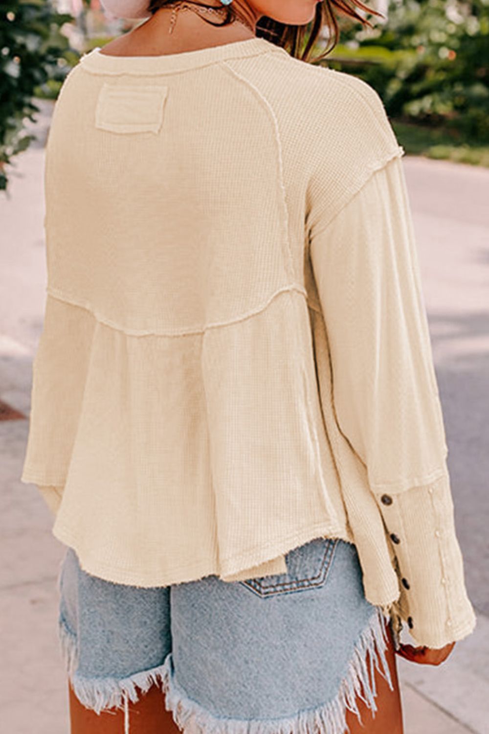 Waffle Knit Button Detail Exposed Seam Flowy Top 