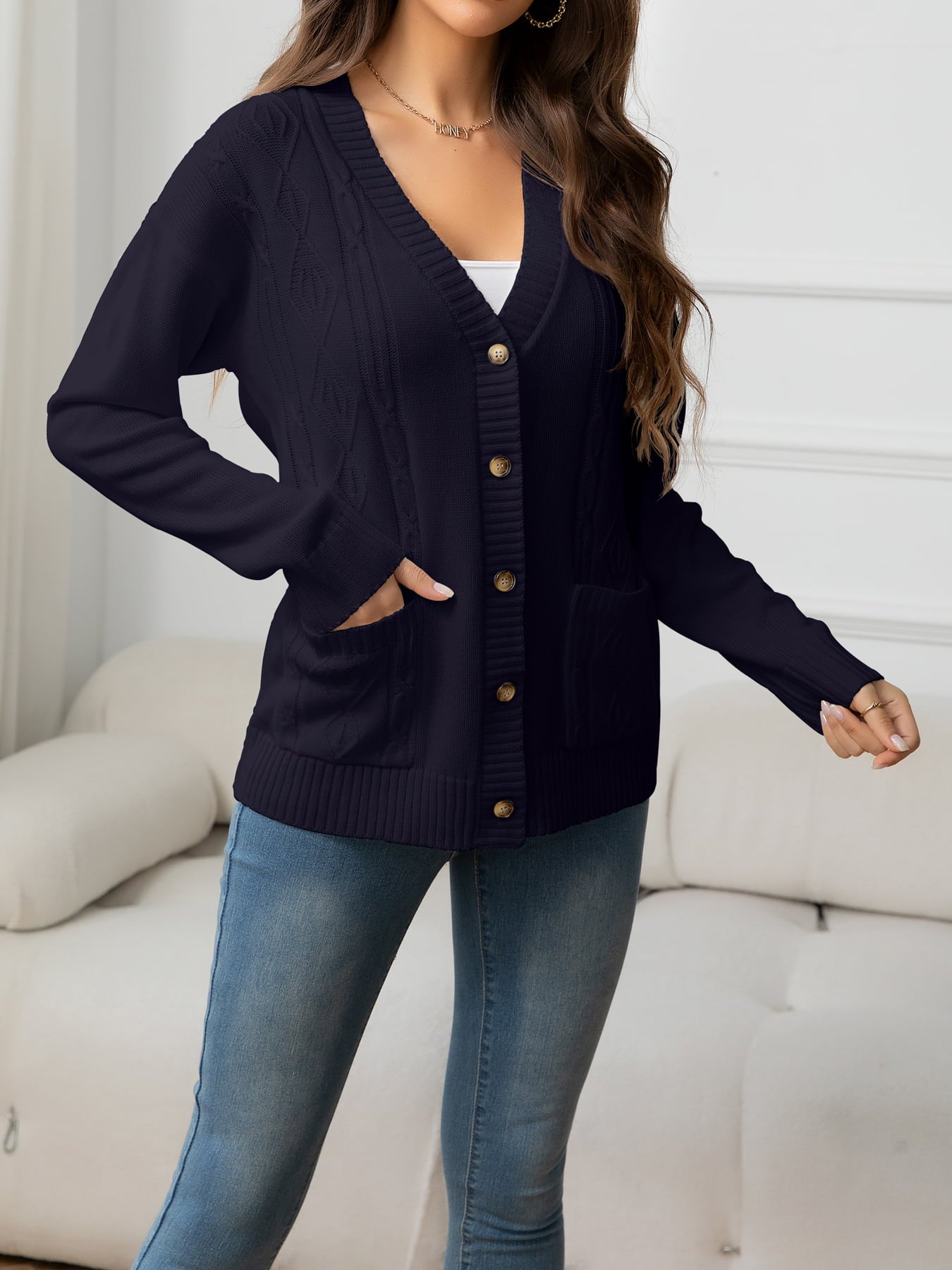 V-Neck Long Sleeve Buttoned Knit Top with Pocket 