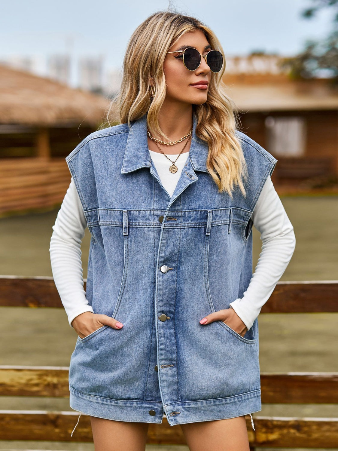 Button Up Collared Neck Sleeveless Denim Jacket 