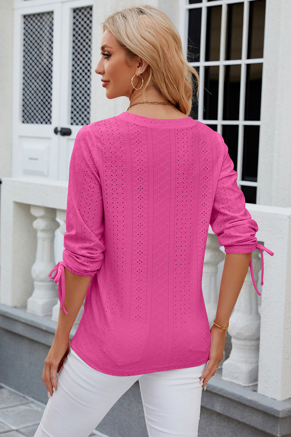 Eyelet Drawstring V-Neck Half Sleeve T-Shirt