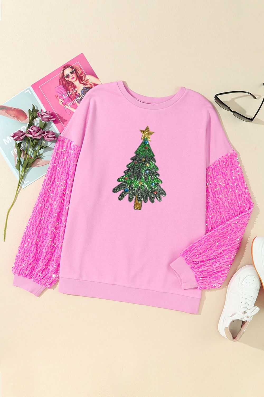 Christmas Tree Sequin Round Neck Sweatshirt 