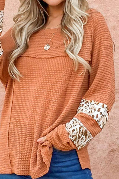 Waffle-Knit Leopard Long Sleeve Slit Blouse 