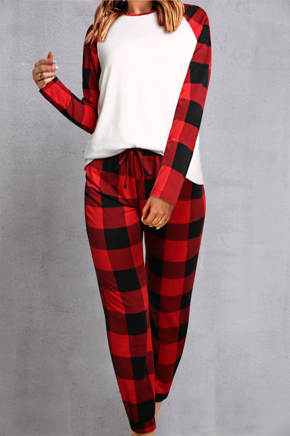 Plaid Round Neck Top and Pants Set 