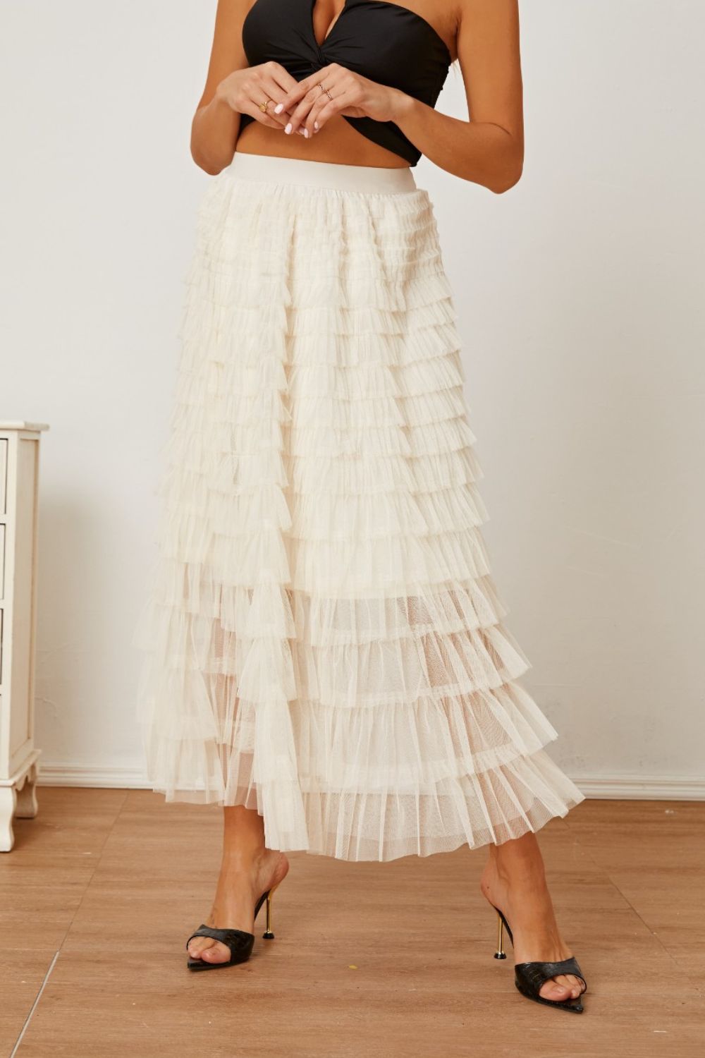 Ruched High Waist Tiered Skirt 