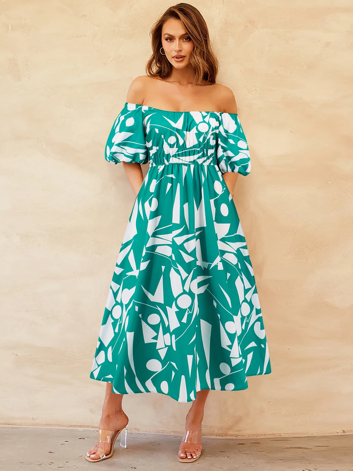 Printed Off-Shoulder Balloon Sleeve Dress - Babbazon Midi Dress