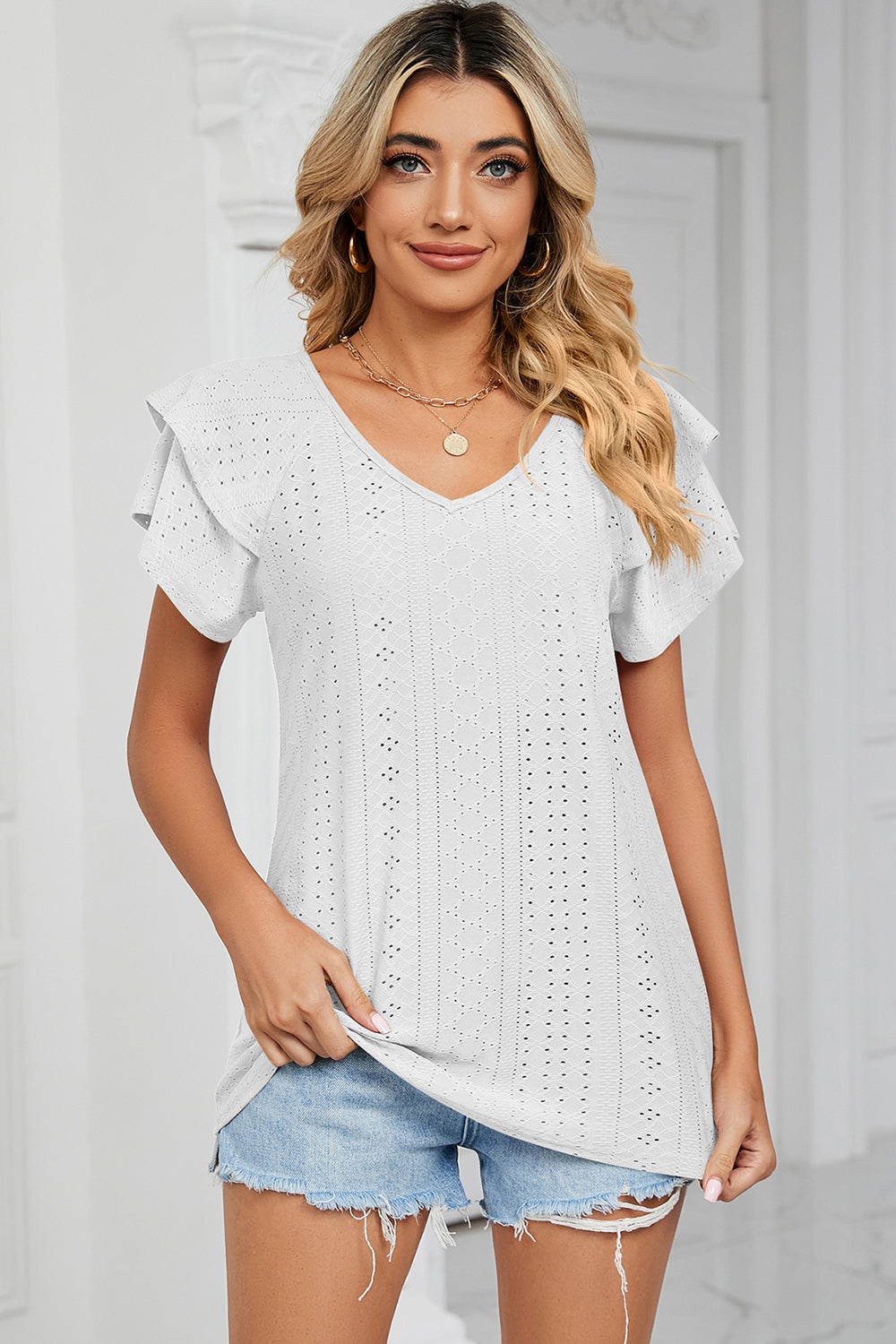 Eyelet V-Neck Short Sleeve T-Shirt 