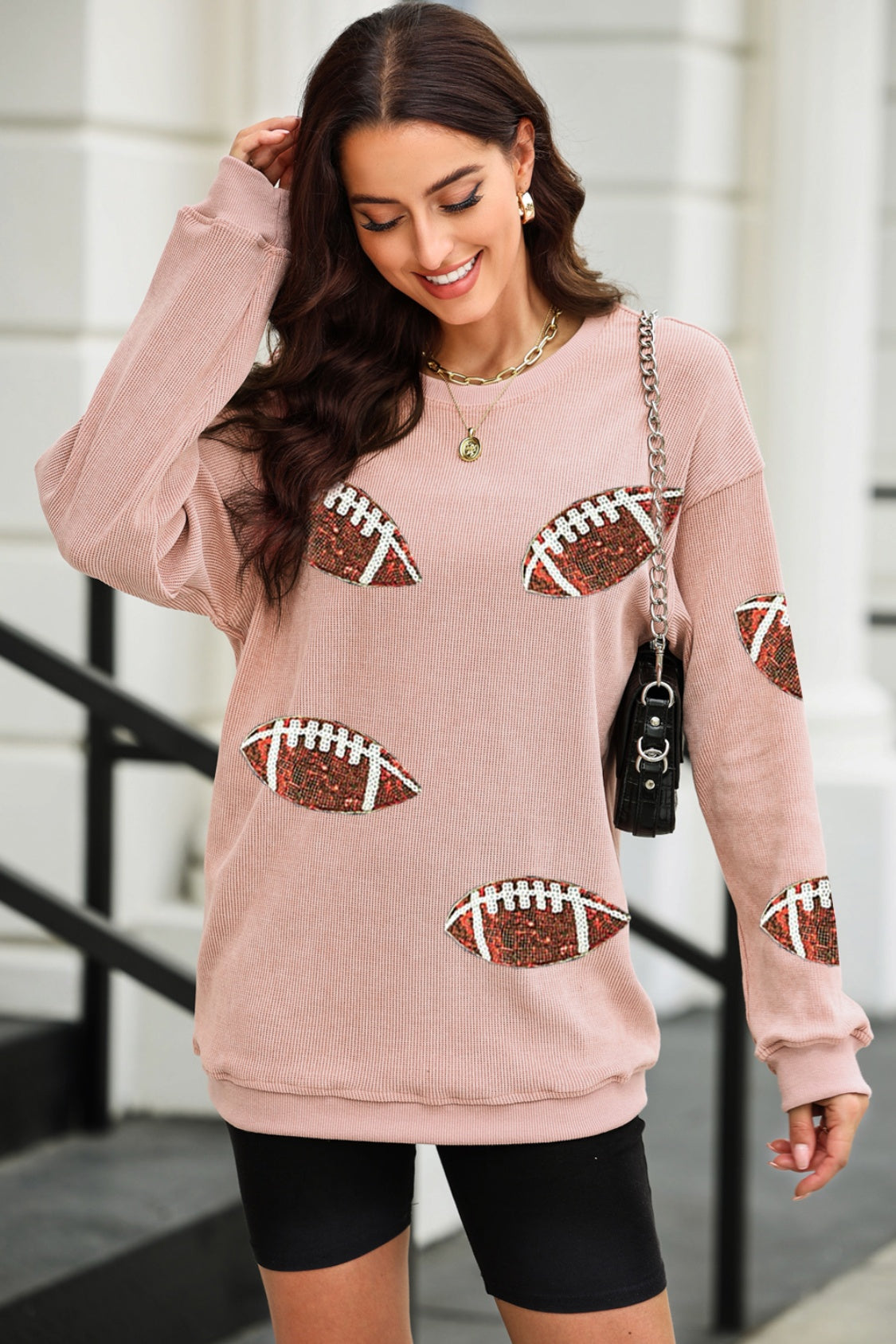 Sequin Football Patch Corduroy Sweatshirt - Babbazon Sparkly Clothes