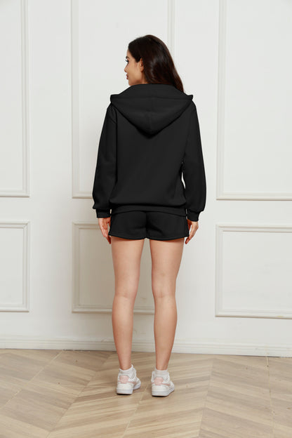 Zip Up Drawstring Hoodie and Shorts Set 