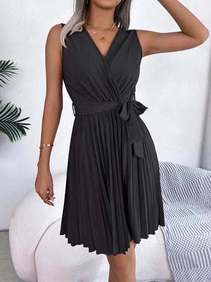 Tied Surplice Sleeveless Pleated Dress 