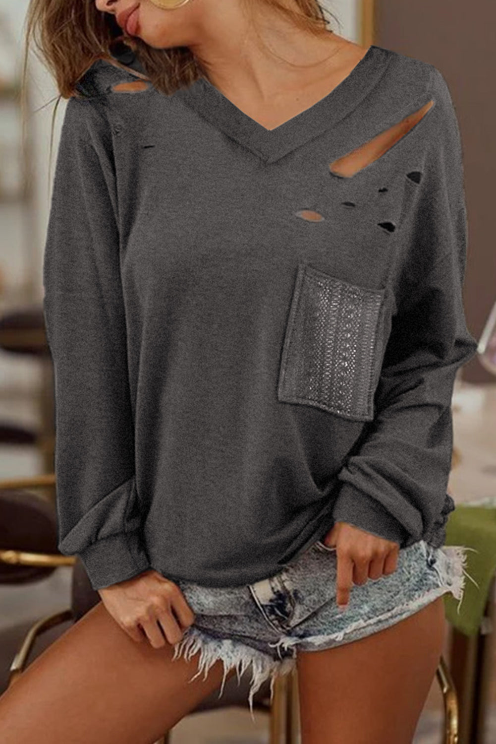 Distressed V-Neck Long Sleeve T-Shirt With Pockets 