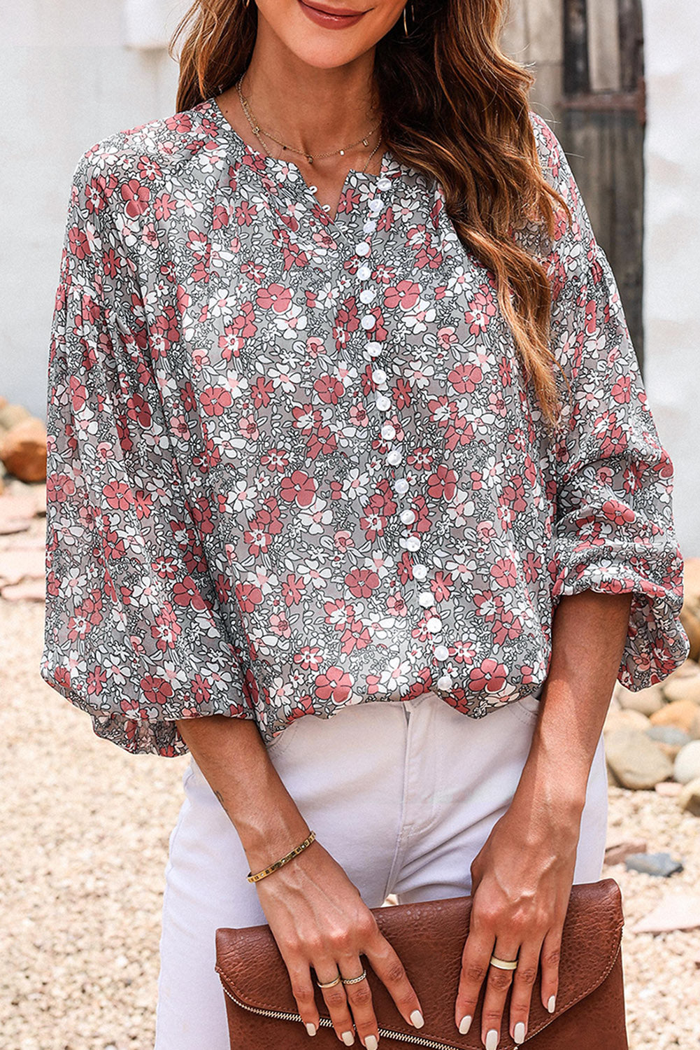 Printed Notched Balloon Sleeve Blouse 