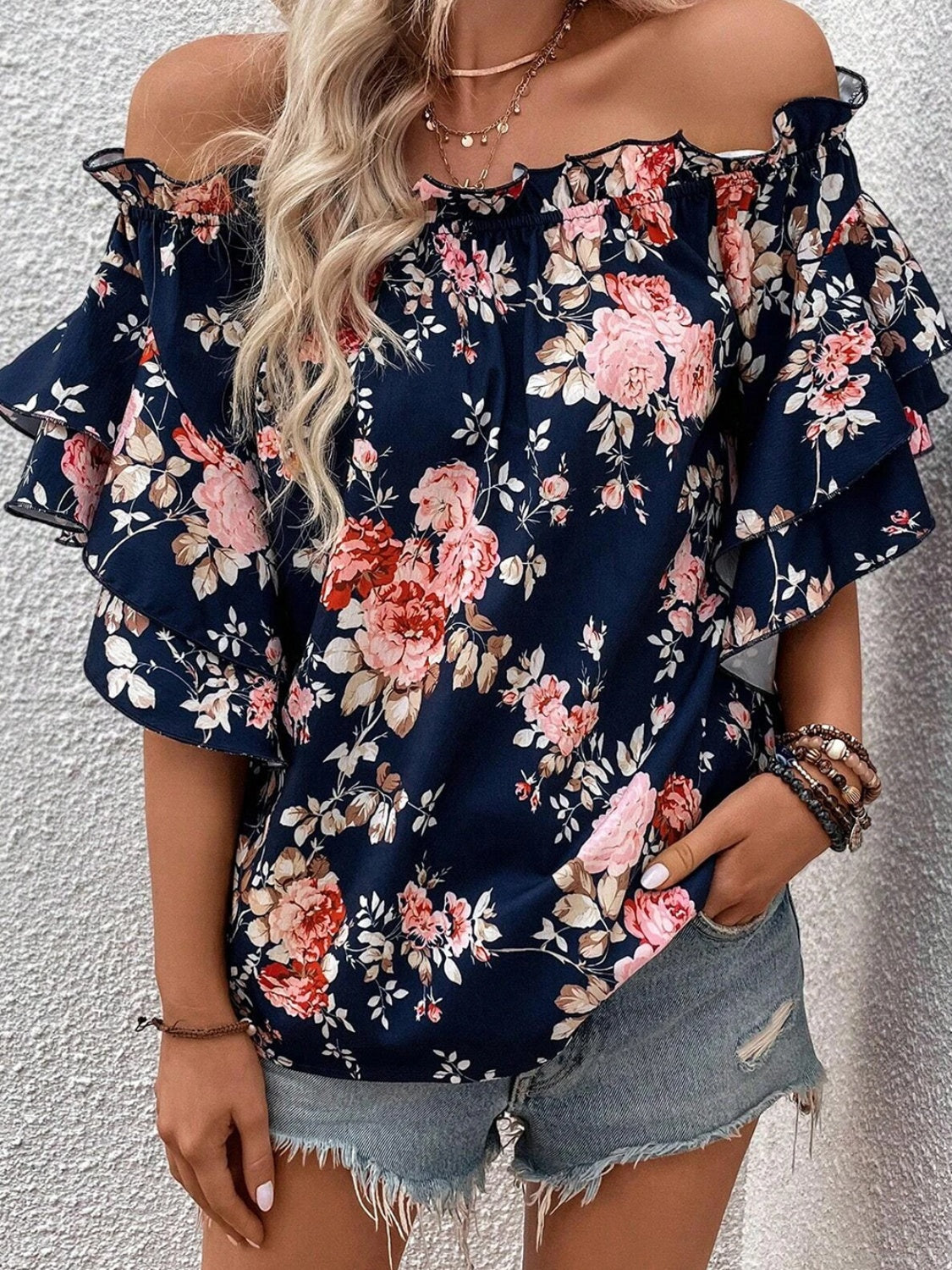 Printed Off-Shoulder Flounce Sleeve Blouse - Babbazon Camisole