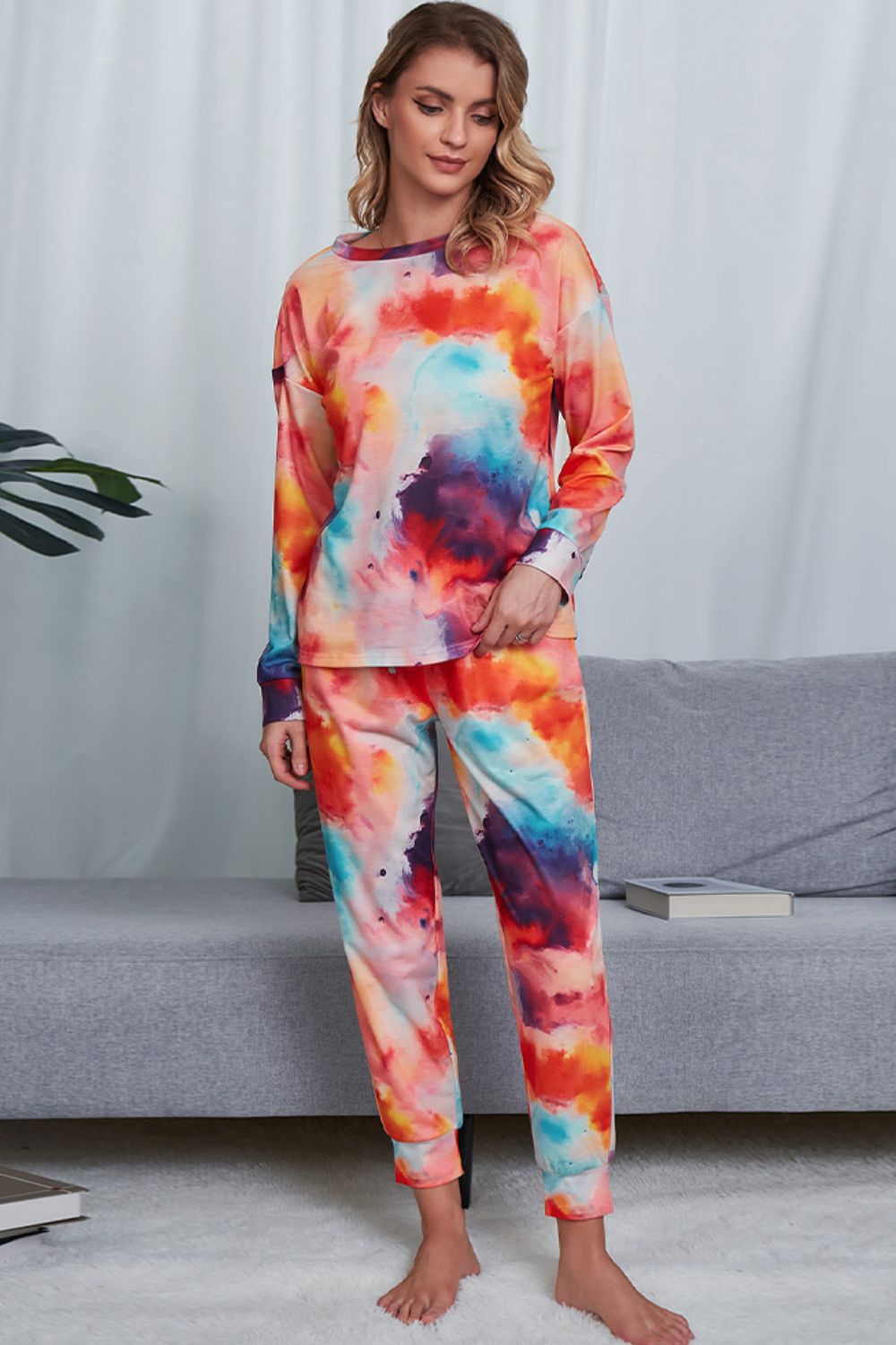 Tie-Dye Crewneck Top and Drawstring Waist Joggers Lounge Set 