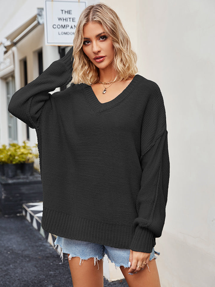 V-Neck Ribbed Dropped Shoulder Knit Top 