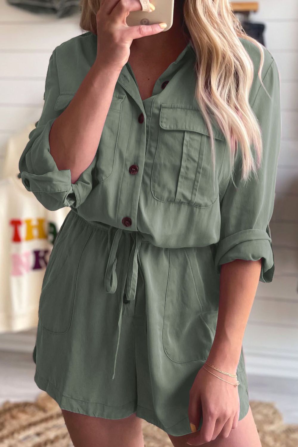 Collared Neck Drawstring Roll-Tab Sleeve Romper 