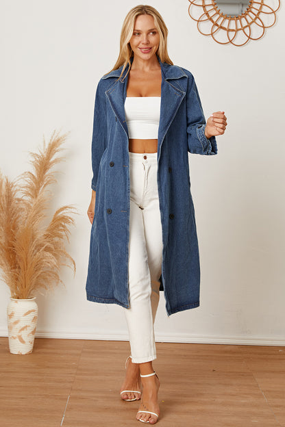 Double-Breasted Belted Longline Denim Jacket 