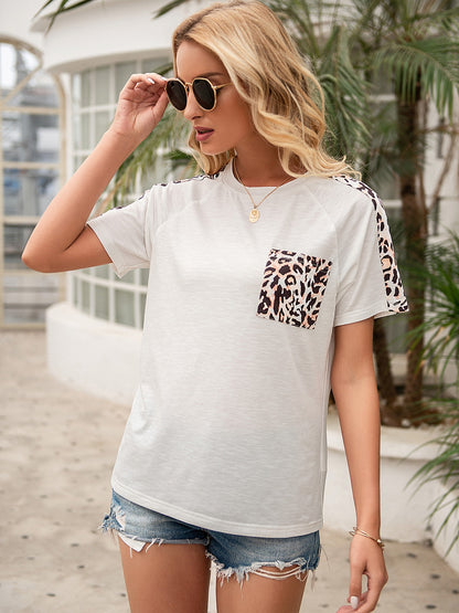 Pocketed Leopard Round Neck Short Sleeve T-Shirt 