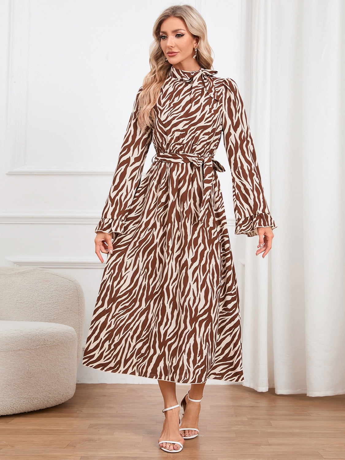 Animal Print Tie Front Ruffle Trim Dress 