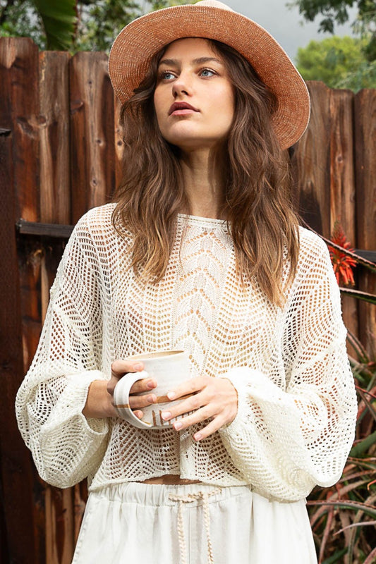 POL Openwork Balloon Sleeve Knit Cover Up - Babbazon Cover up