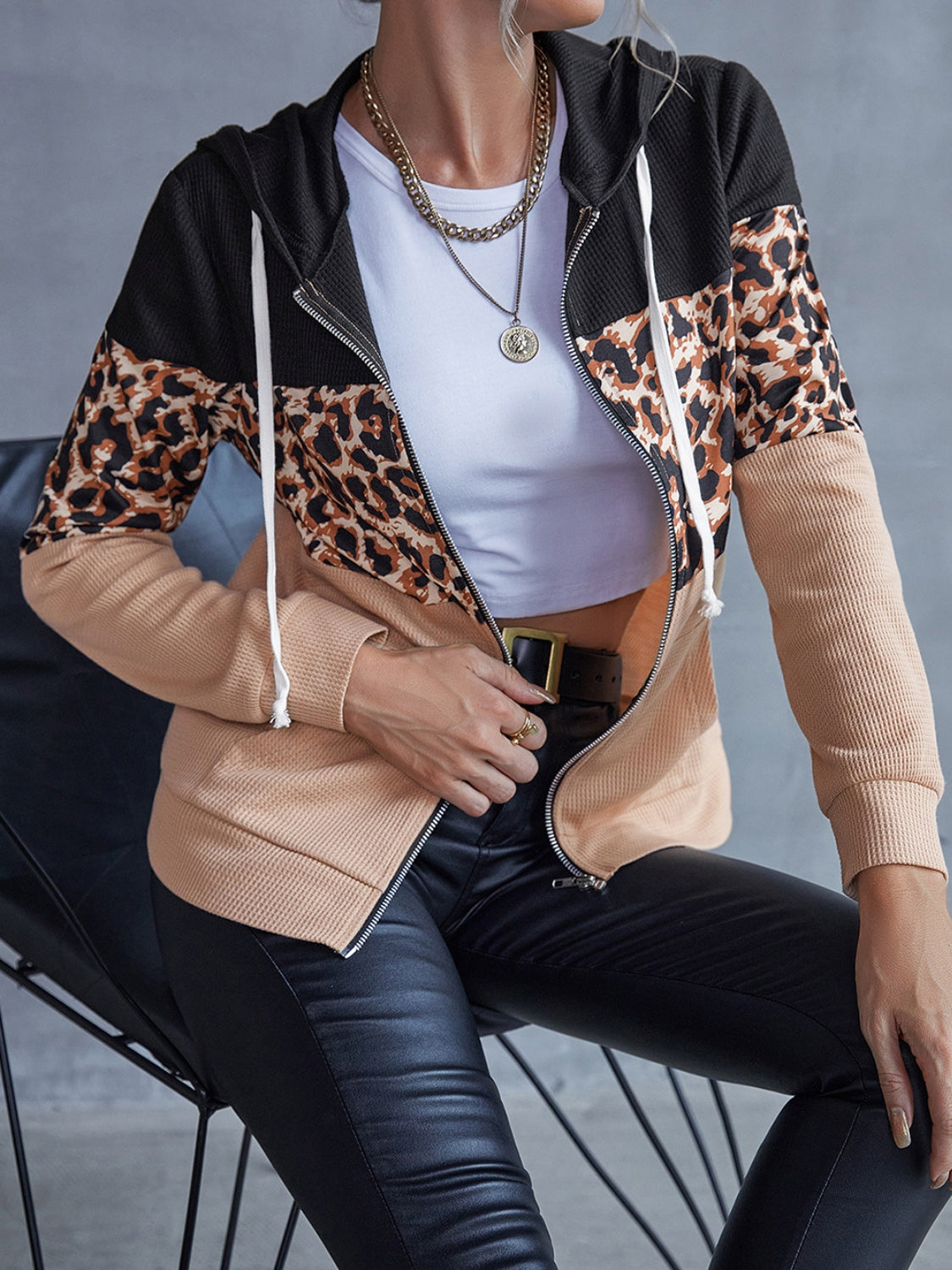 Drawstring Leopard Zip Up Hooded Jacket 