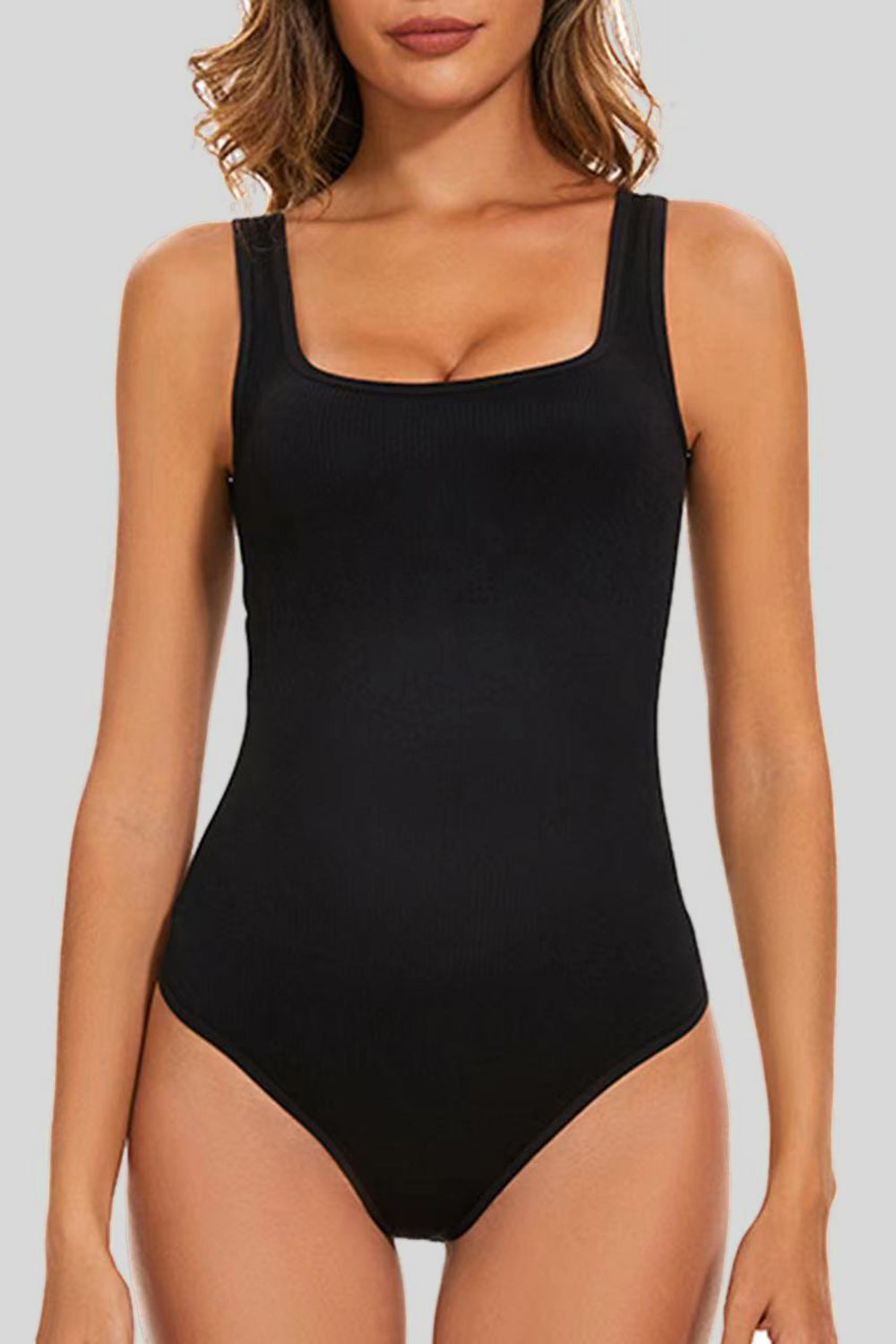 Ribbed Square Neck Sleeveless Active Bodysuit 