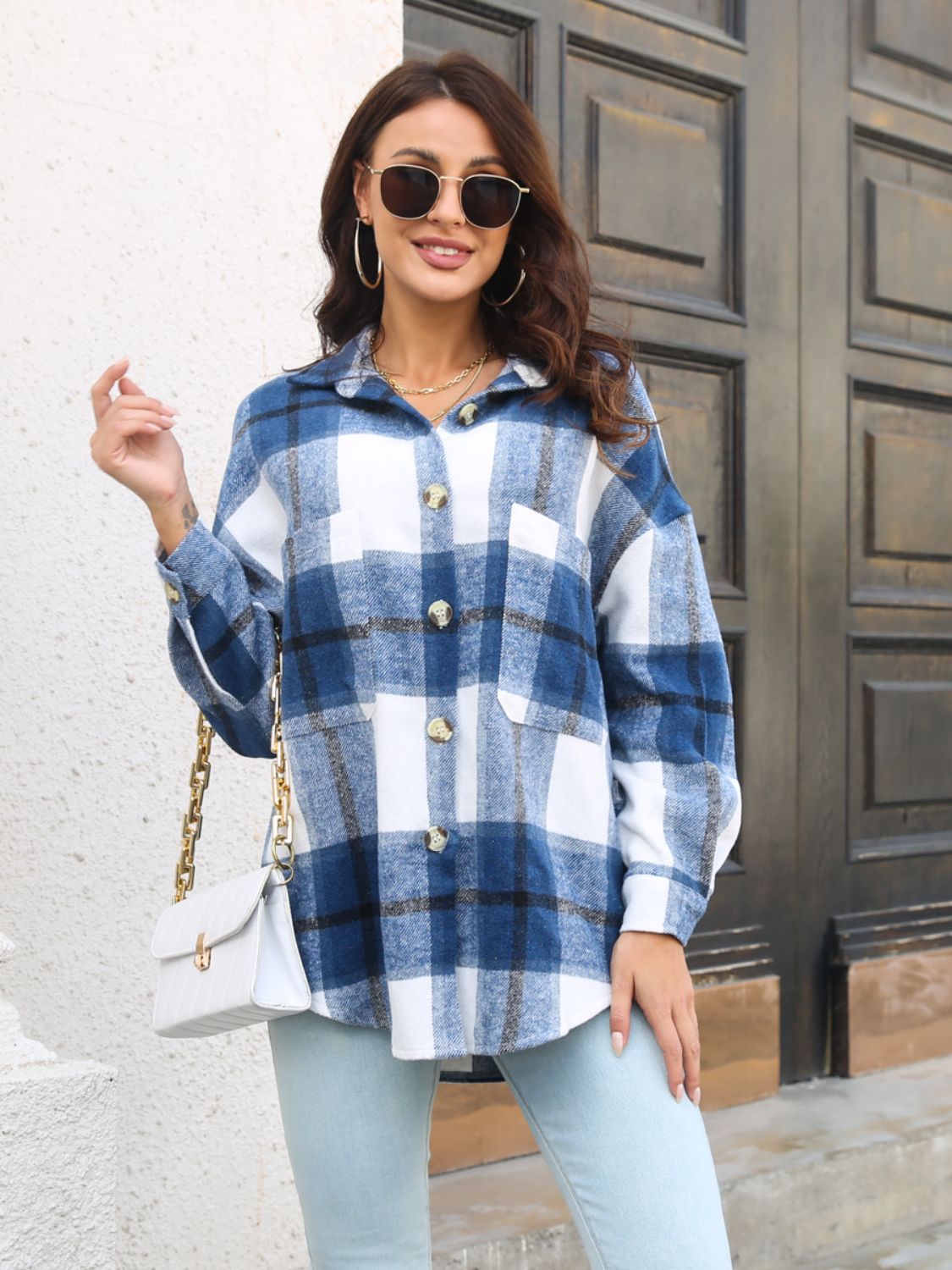 Plaid Button Up Collared Neck Long Sleeve Shirt - Babbazon Tops