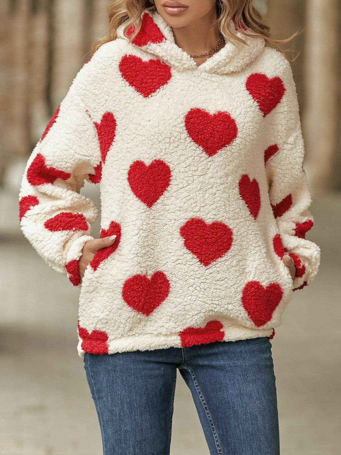 Fuzzy Heart Pocketed Dropped Shoulder Hoodie 