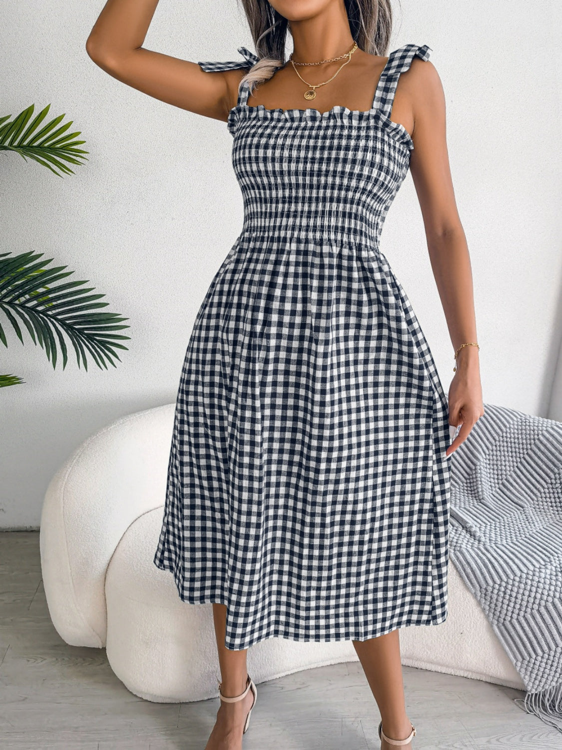 Frill Plaid Square Neck Midi Dress 